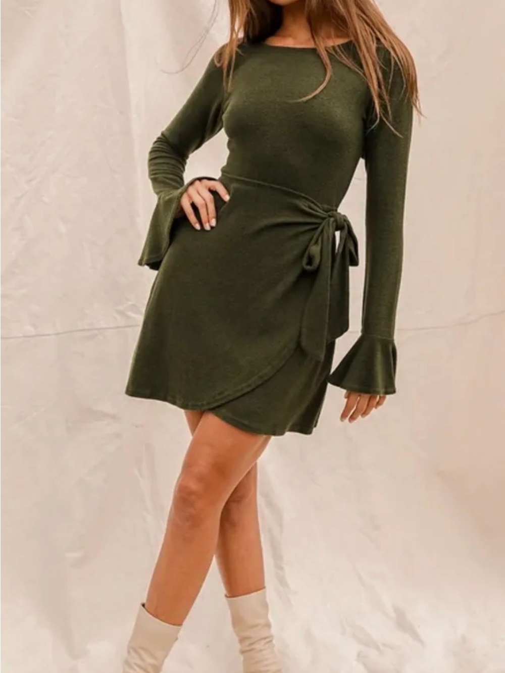 Lulu's Olive Green Wrap Knit Mini Dress